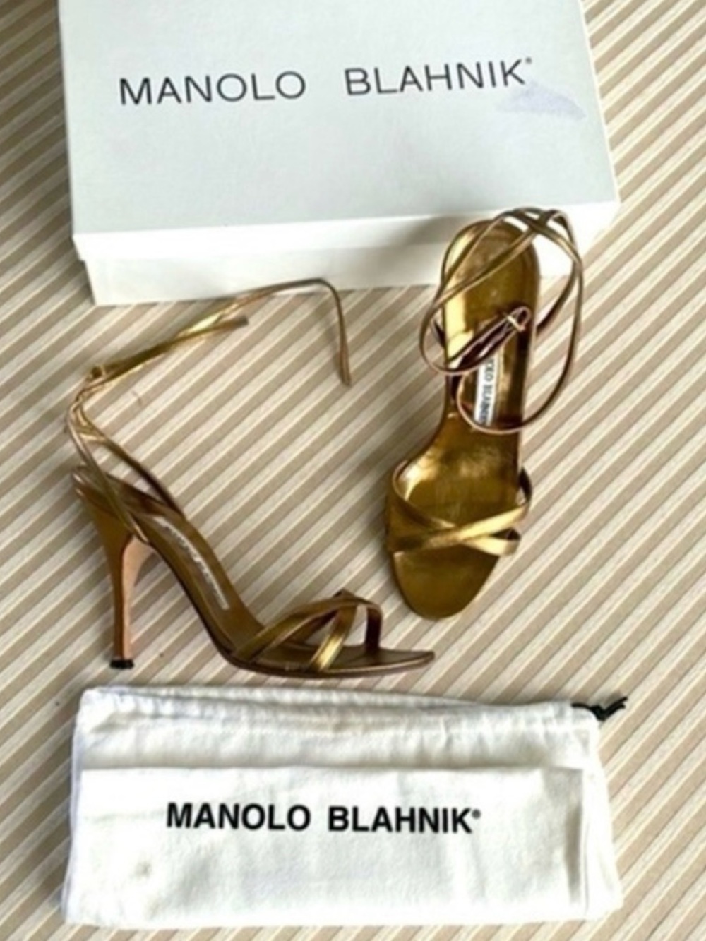 Manolo Blahnik Bronze gold metallic ankle wrap strappy original box & dust bag